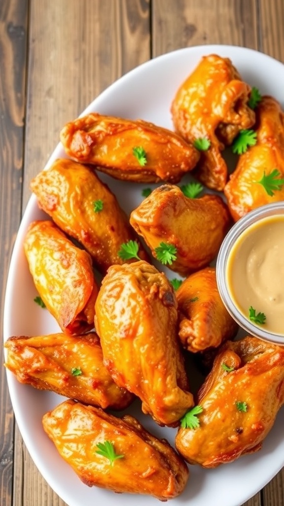 Crispy air fryer chicken wings garnished with parsley on a rustic table with dipping sauce.
